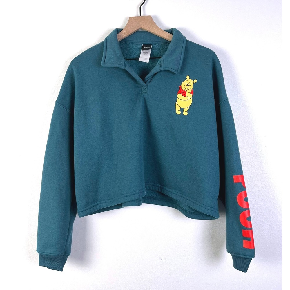 Disney Winnie The Pooh Cropped Pullover Sweatshirt Graphic‎ Teal Green Small